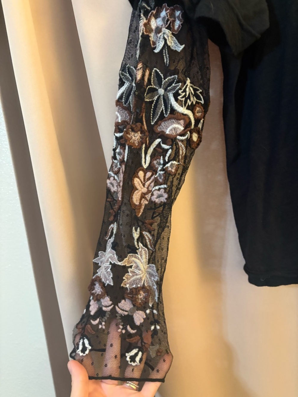 Free People Black Tee with Embroidered Sheer Floral Sleeves - Picture 2 of 6